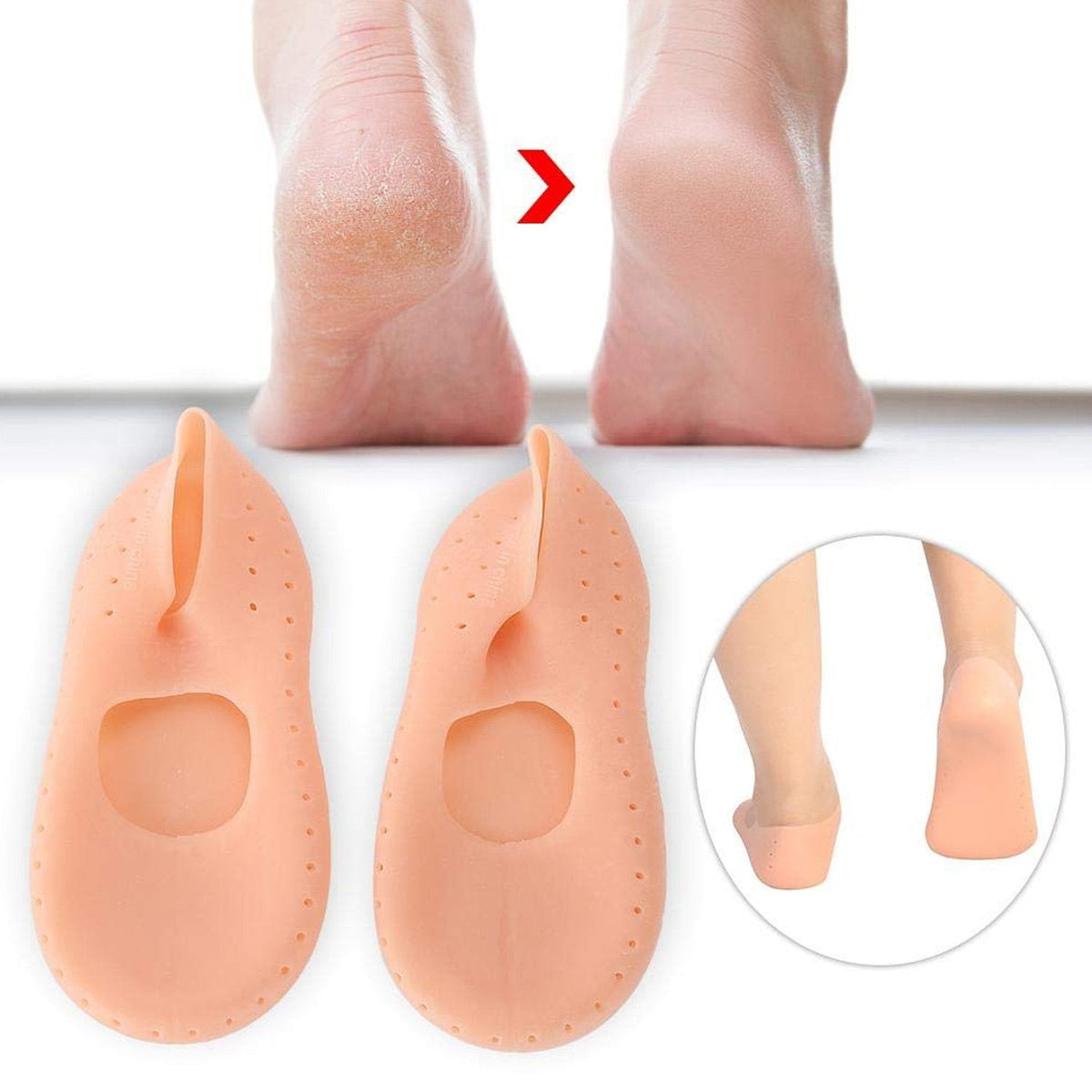 Pair of FitFuzion cracked heel socks, made of transparent silicone gel for foot protection. Main image