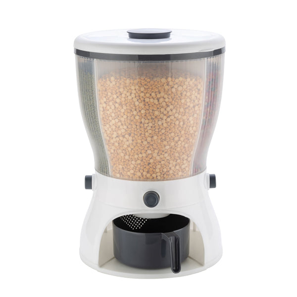 Assortment of grains and cereals neatly stored within the multi-compartment rice dispenser.