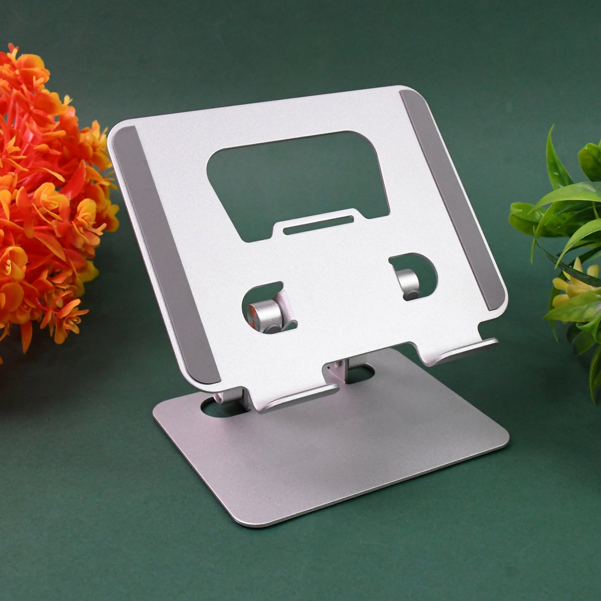 Ergonomic metal alloy tablet stand displayed open on a desk. Main image