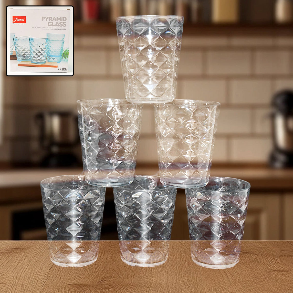 Crystal clear 300 ML pyramid glass with textured pyramid design Main image