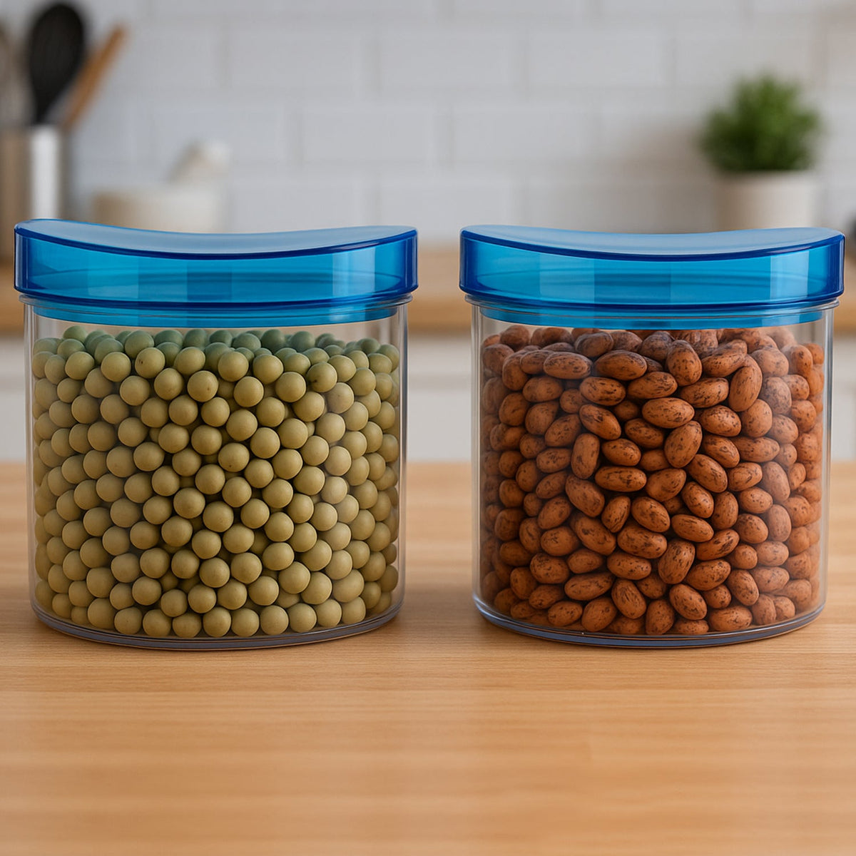 Two clear airtight kitchen jar sets with black lids, perfect for modern kitchen storage. Main image