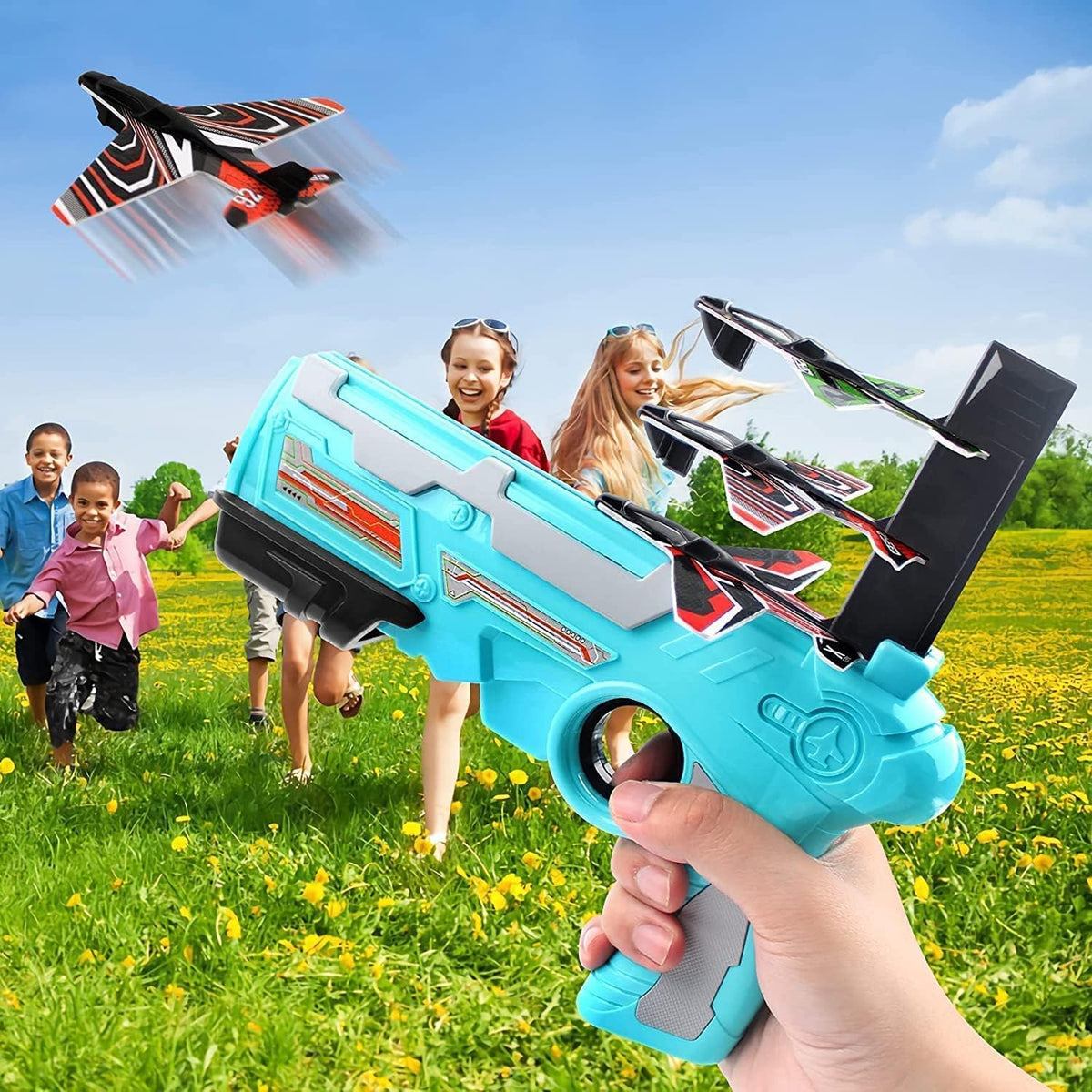 Kids' airplane launcher toy with five colorful foam planes ready for flight. Main image