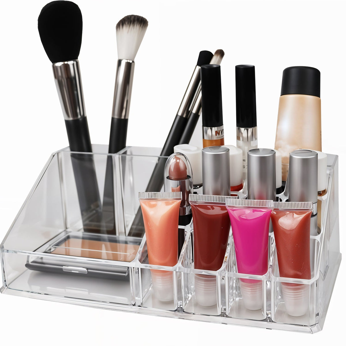 Top view of acrylic makeup organizer showing 16 clear compartments Main image