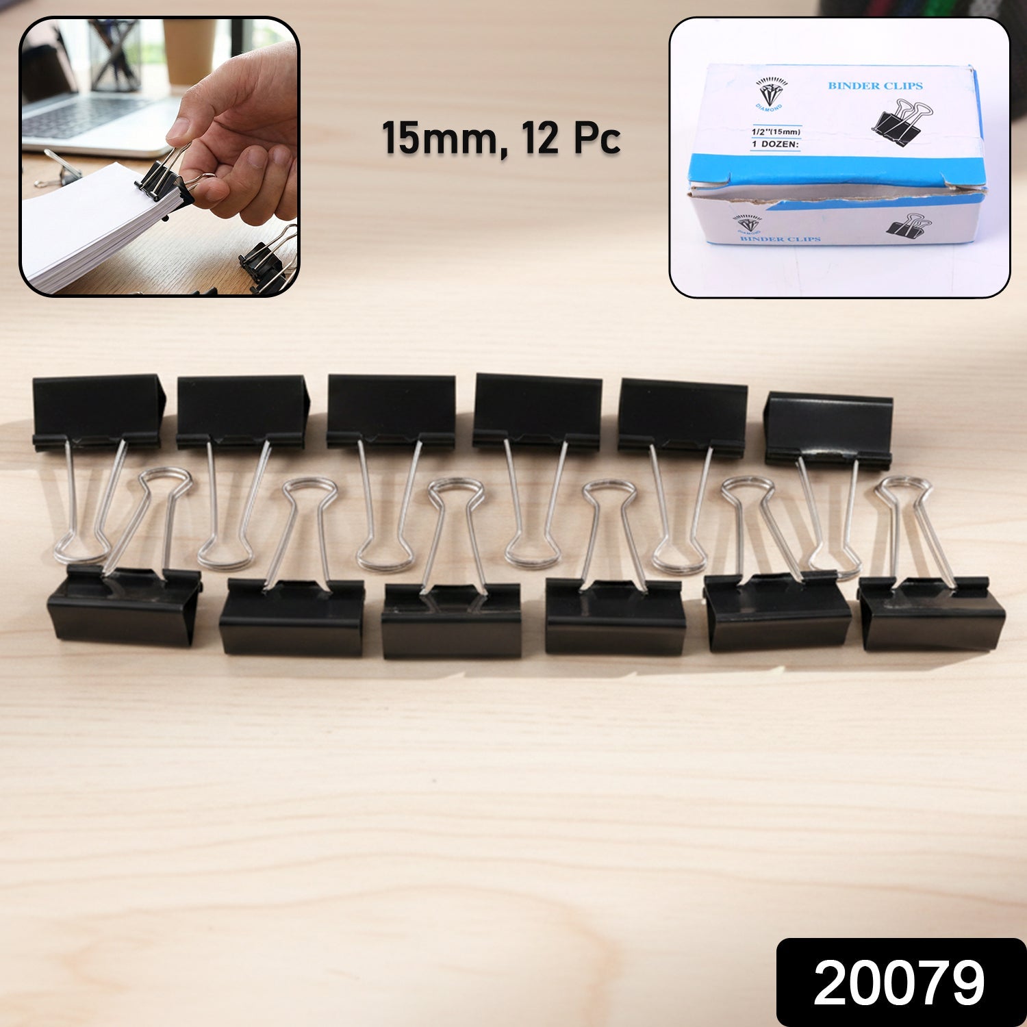 Black Metal Binder Clips – Strong 15mm Paper Holders, 12-Pack Secondary image