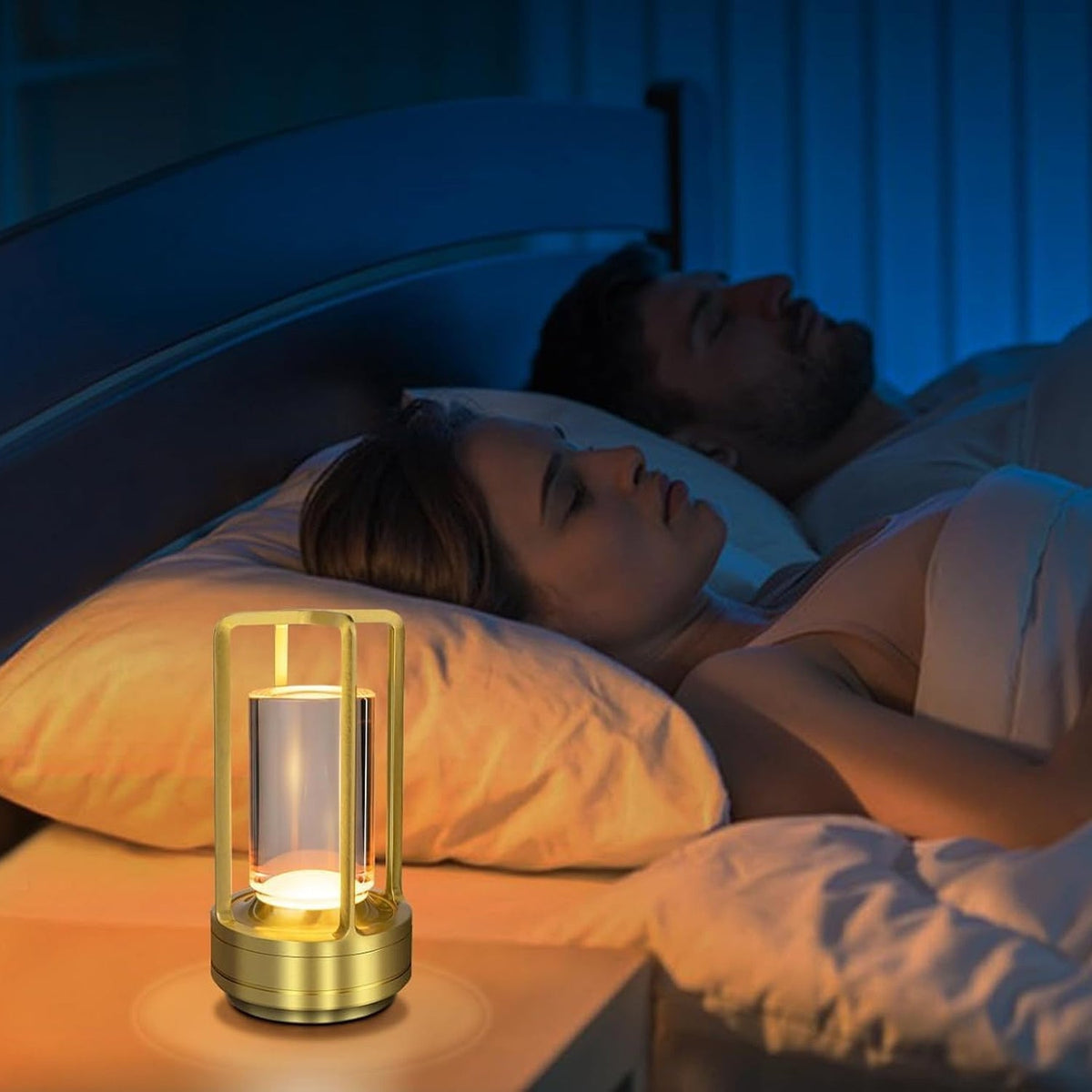 Elegant Crystal Table Lamp glowing with warm light on a wooden table. Main image