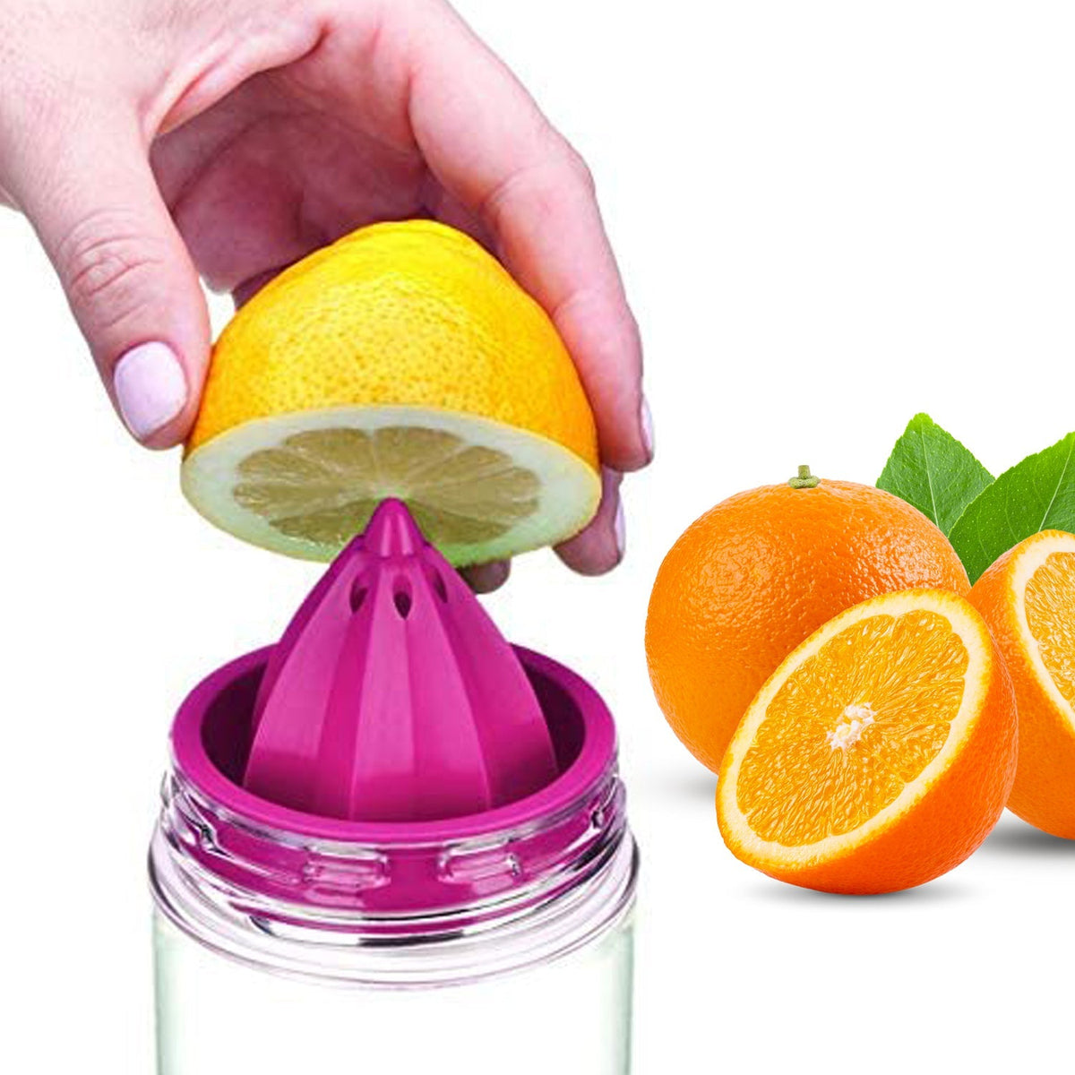 Front view of a vibrant orange Citrus Juicer Sports Bottle with a lemon ready for infusing. Main image