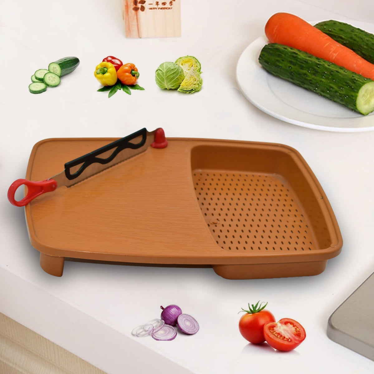 Thick plastic cutting board with integrated holder and a grey silicone base. Main image
