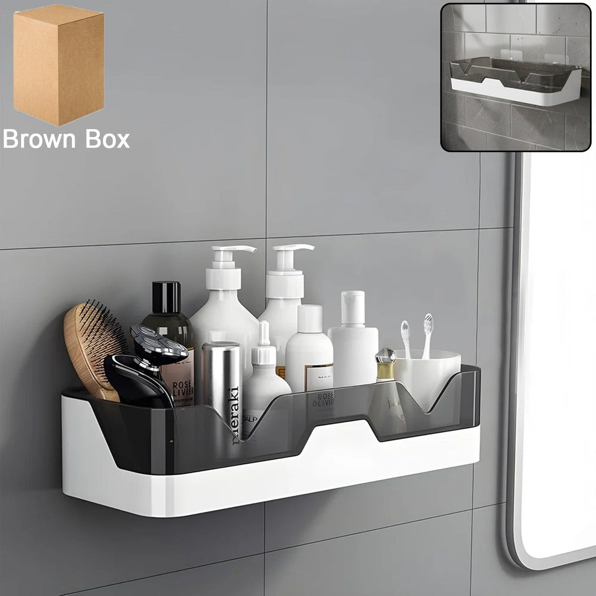 Wall mounted adhesive plastic storage shelf organized in bathroom Main image