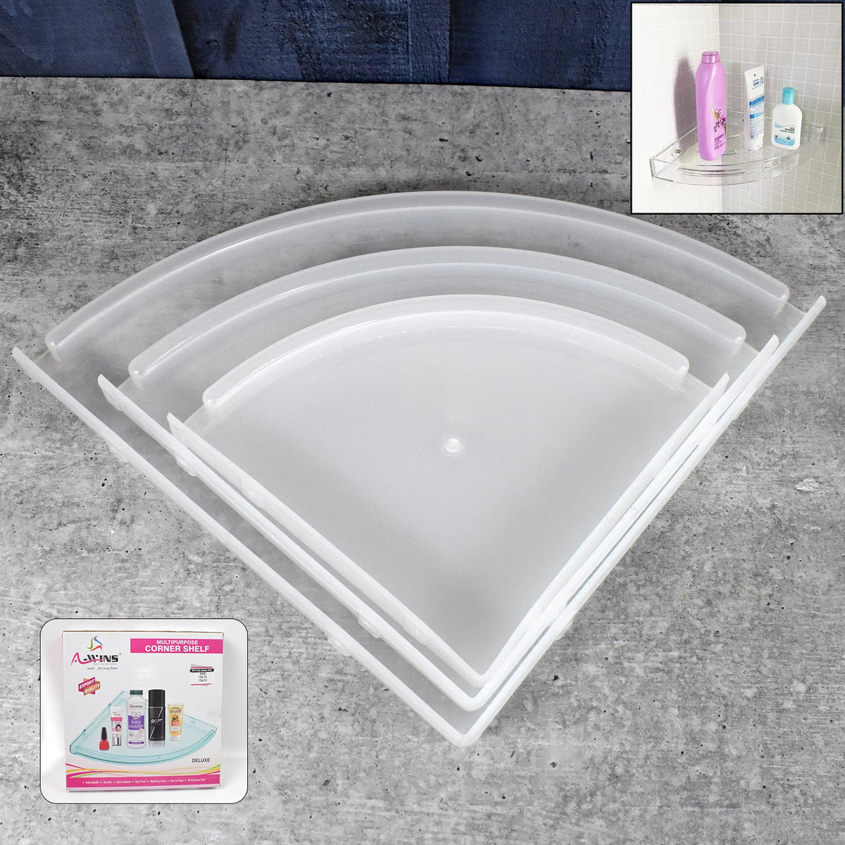Three-piece white plastic corner shelf set displayed in a modern bathroom. Main image