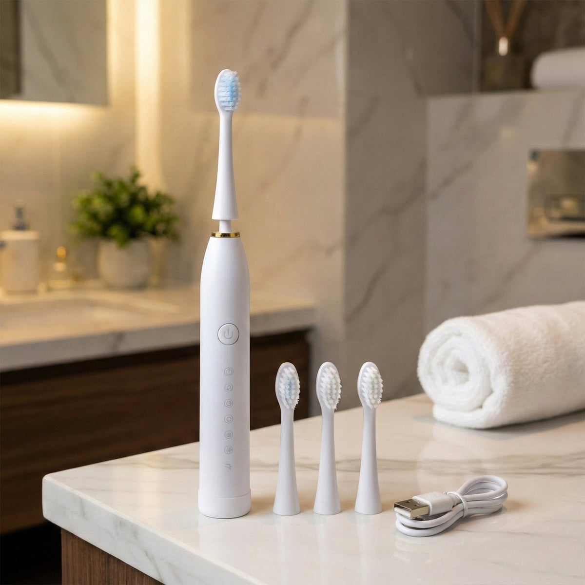 White rechargeable electric toothbrush with extra replacement heads Main image