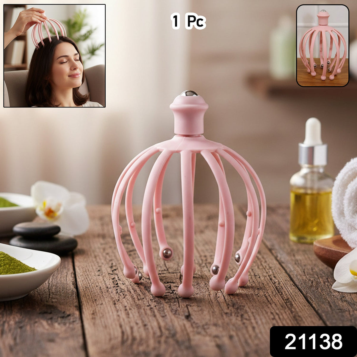 Person using a manual scalp massager with rolling ball tips for relaxation. Main image