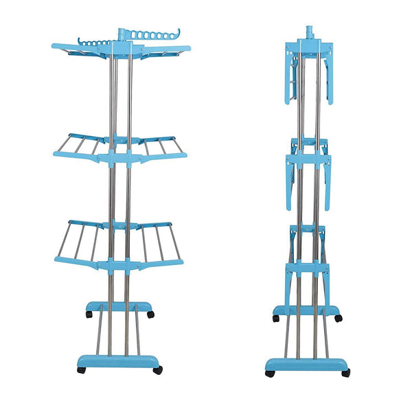 Side view of the foldable cloth drying stand, showcasing its compact design.