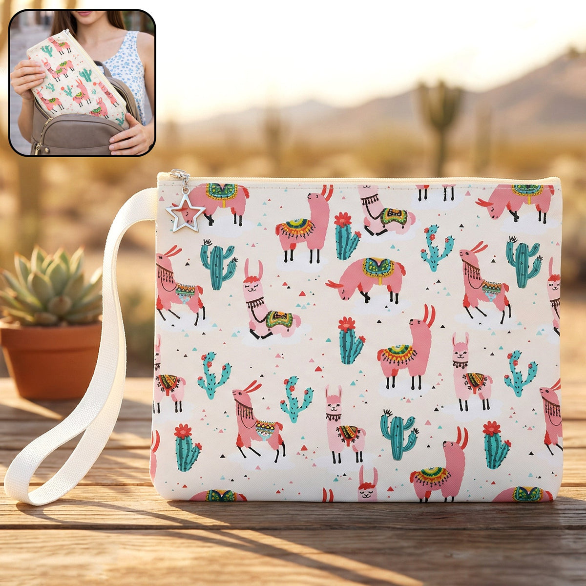 Printed zipper pouch with colorful pattern and wrist strap Main image
