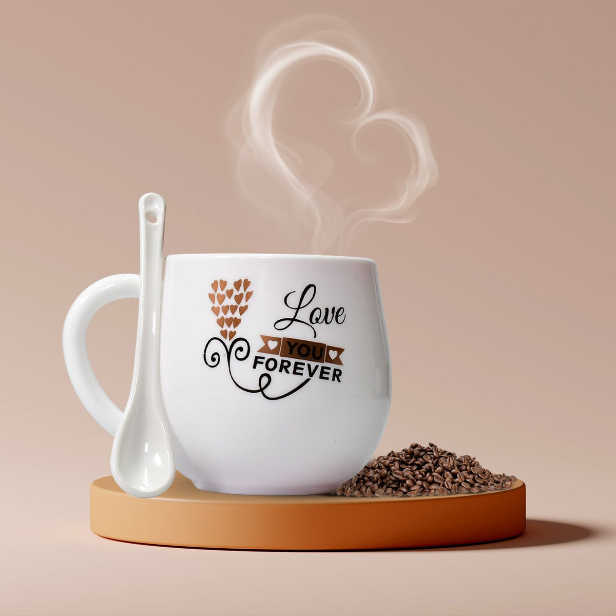 Multi-design plastic coffee mug with matching spoon and gift box. Main image