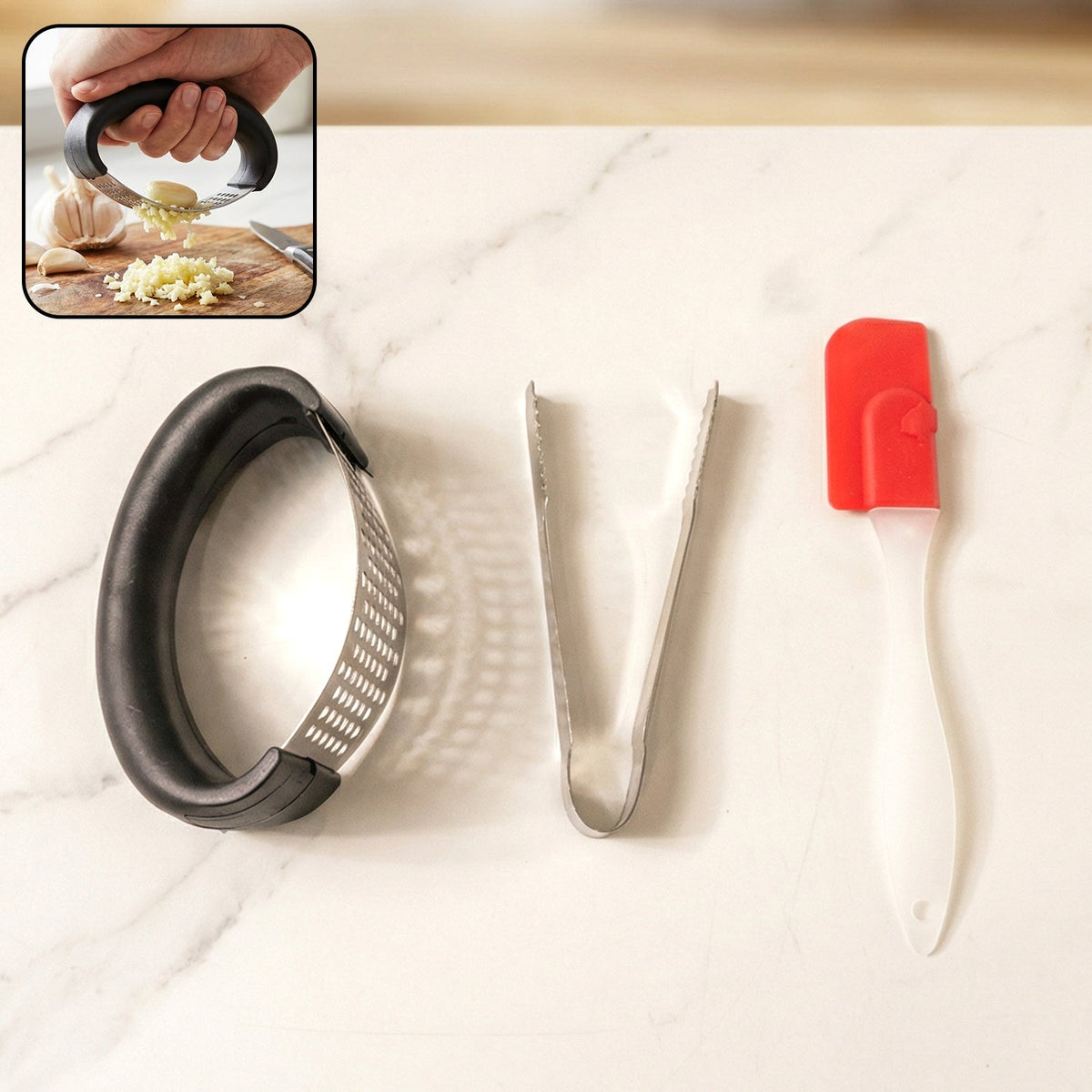 3-in-1 kitchen tool set showing garlic crusher, food tongs, and silicone spatula Main image