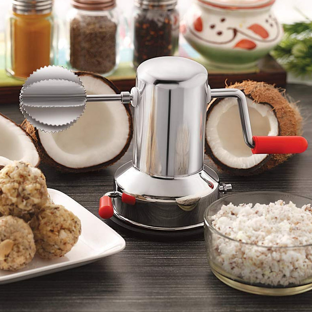 Manual steel coconut scraper tool by Styleva with sharp stainless steel blades Main image