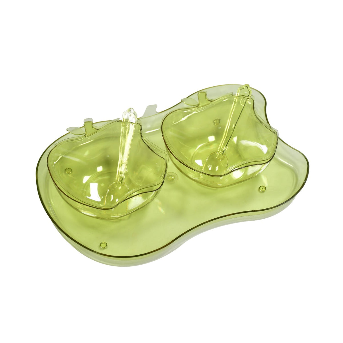 Elegant apple shape serving set with two bowls, spoons, and a tray for snacks. Main image
