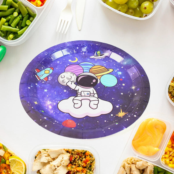Brightly colored disposable paper plates with 'Festive Fun' motifs for parties.