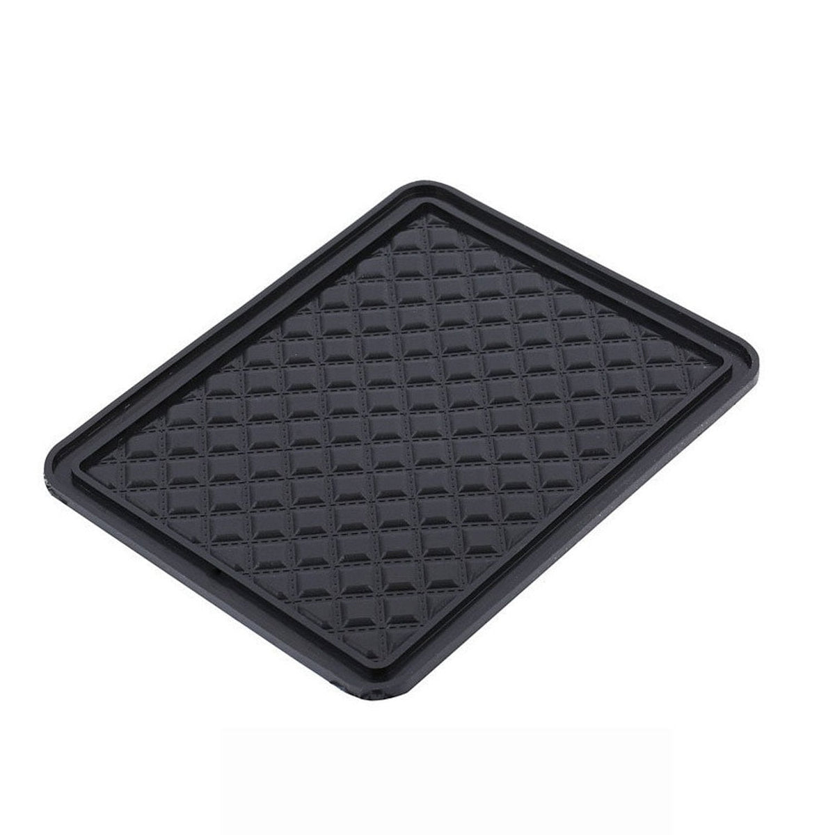 Black anti-skid mat securely holding a phone, keys, and sunglasses on a car dashboard. Main image