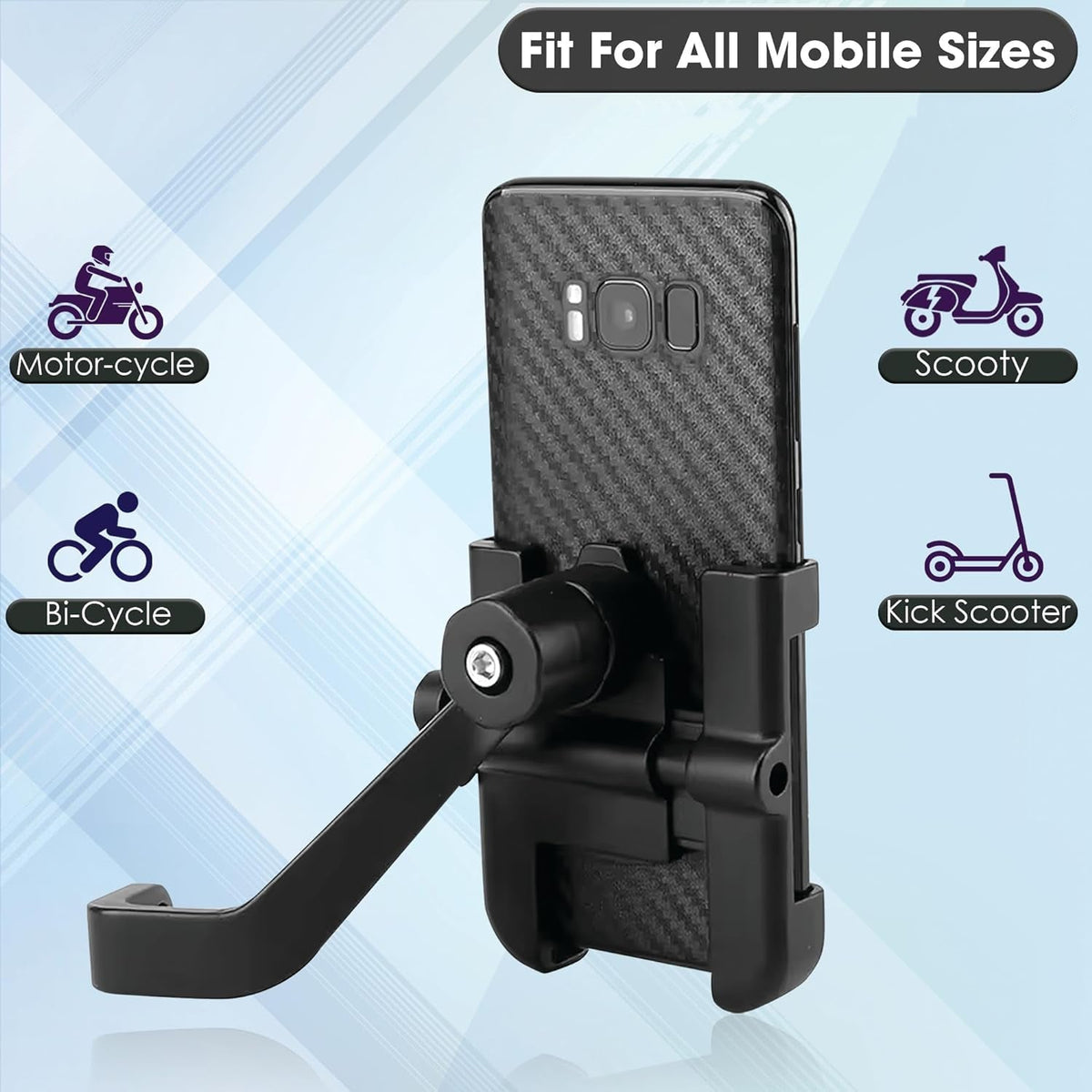 Close-up of the metal bike mobile holder with 360-degree rotation mechanism. Main image