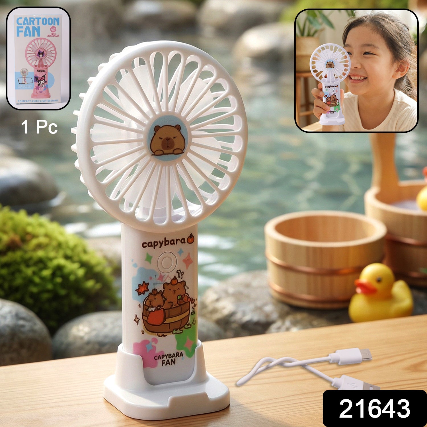 Rechargeable Handheld Fan – Cute Cartoon Capybara with USB Stand Secondary image