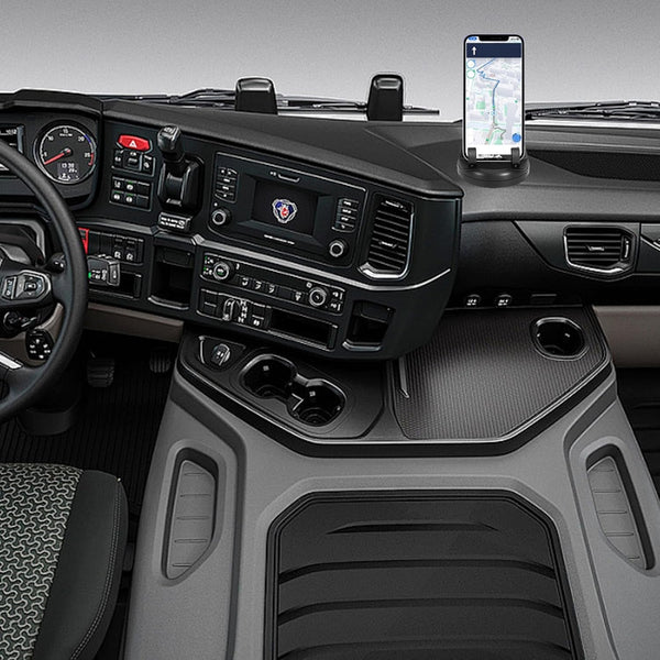 Car phone holder displaying the temporary parking number plate feature.