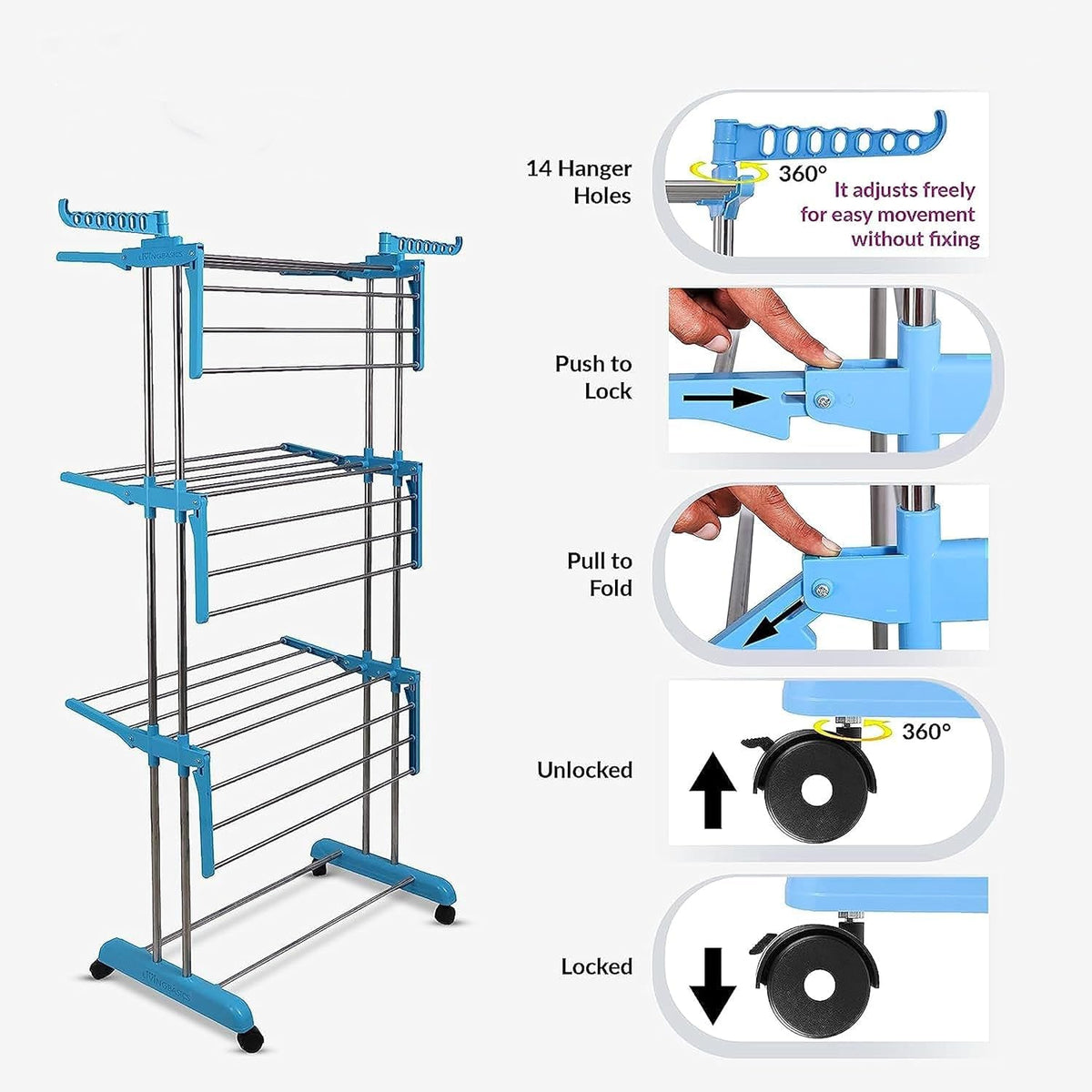 Stainless steel clothes drying stand with six adjustable wings for versatile drying. Main image