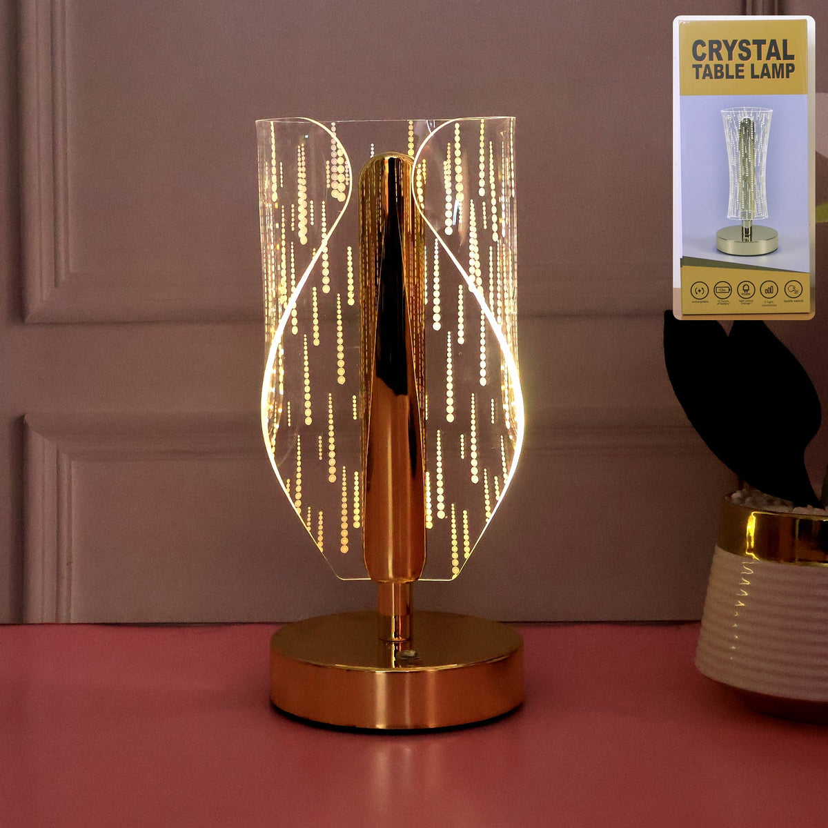 Elegant crystal-effect LED table lamp illuminating bedside table Main image