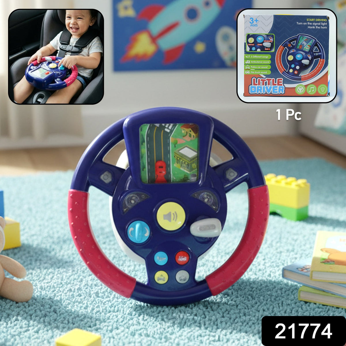 Musical steering wheel toy with colorful interactive buttons and lights Main image