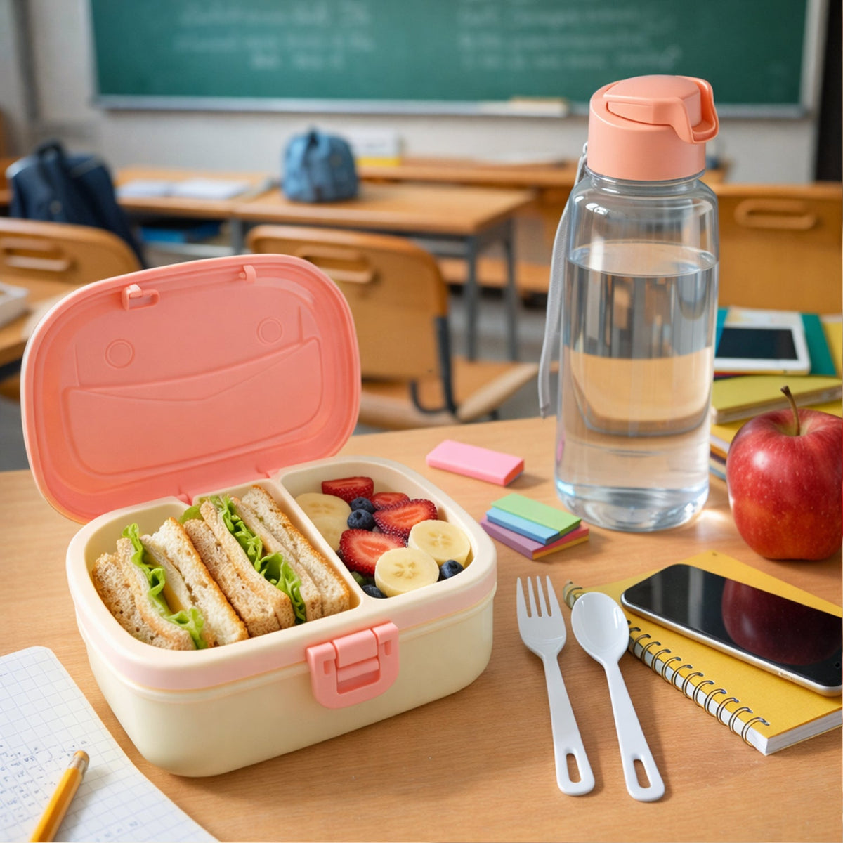 Plastic lunch box set with water bottle for school lunches Main image