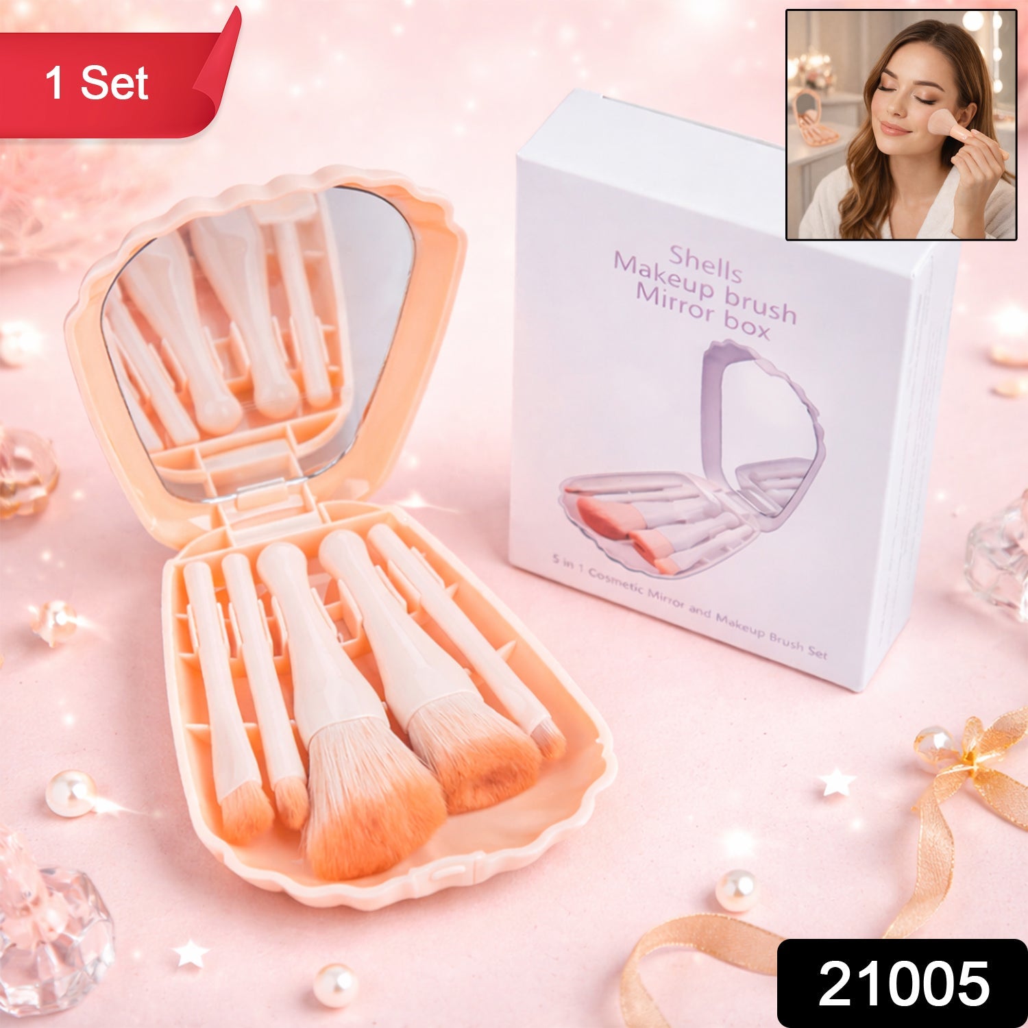 5 in 1 Makeup Brush Set – Compact Kit with Built-in Mirror Secondary image