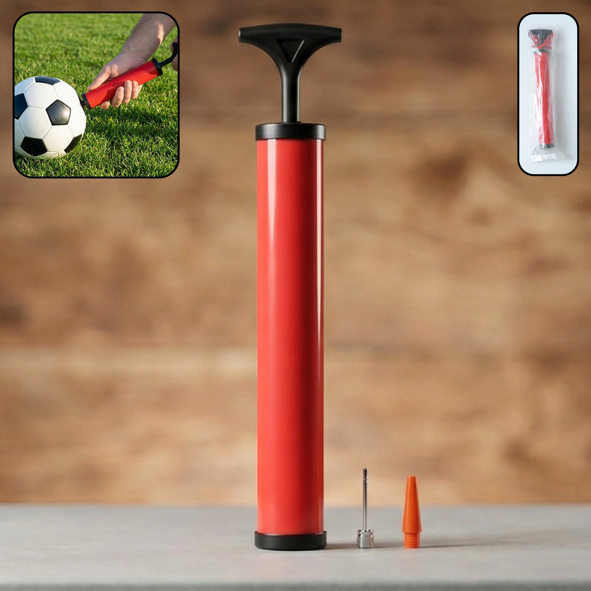 28 cm plastic ball pump inflating a football for game day. Main image