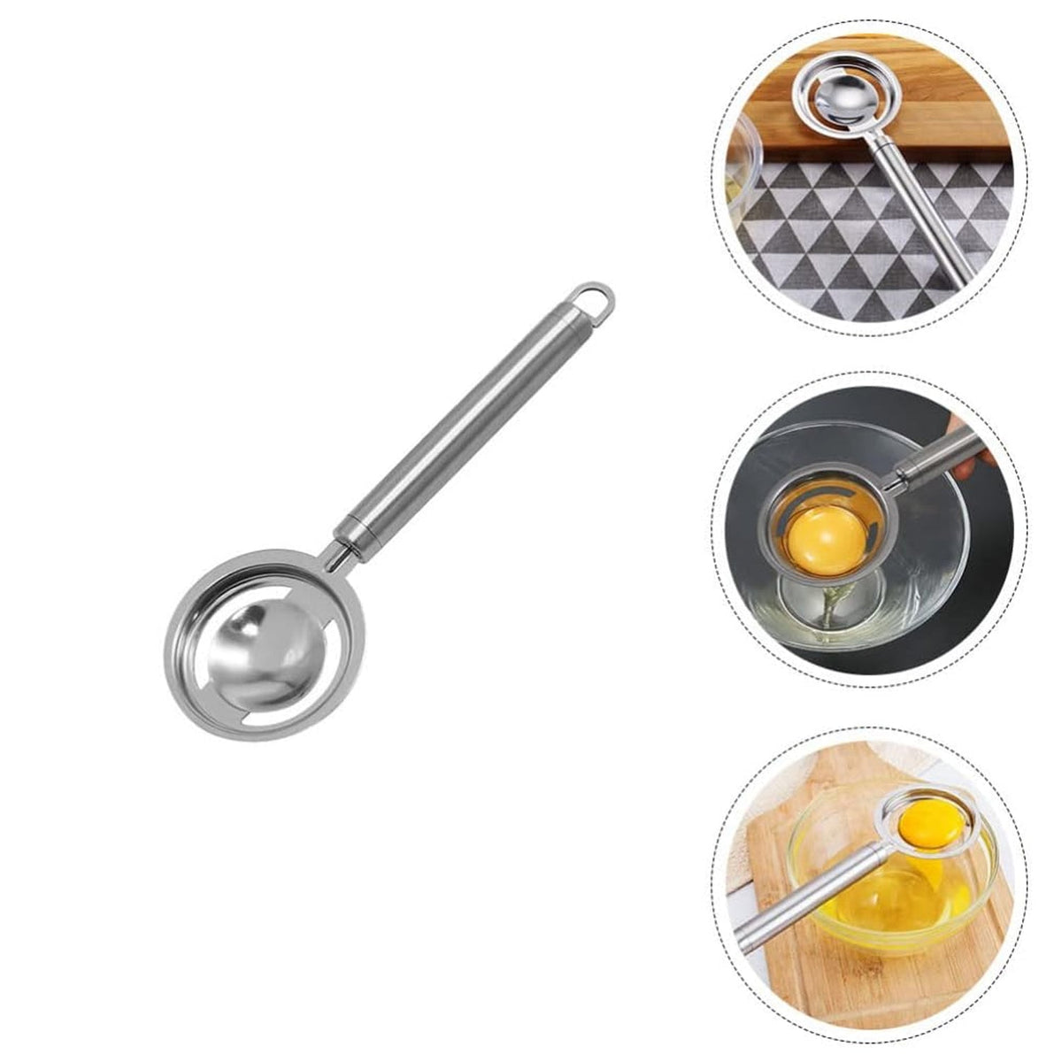 Stainless steel egg separator with a handle, ready to filter egg yolks and whites. Main image