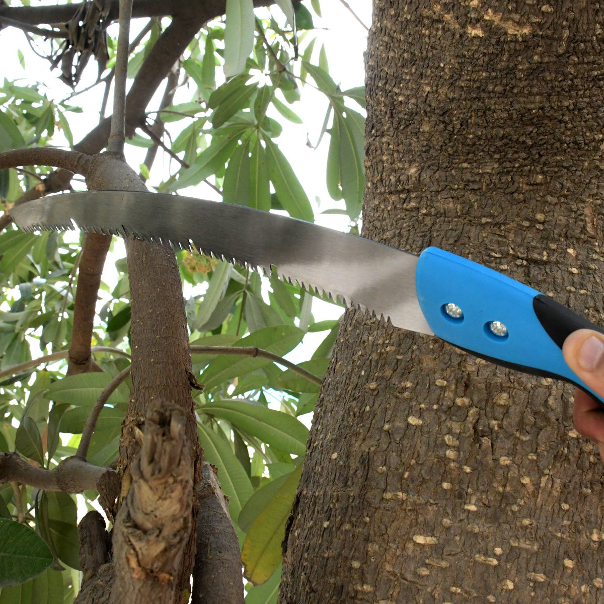 20-inch high carbon steel pruning saw with a protective cover for safe storage. Main image