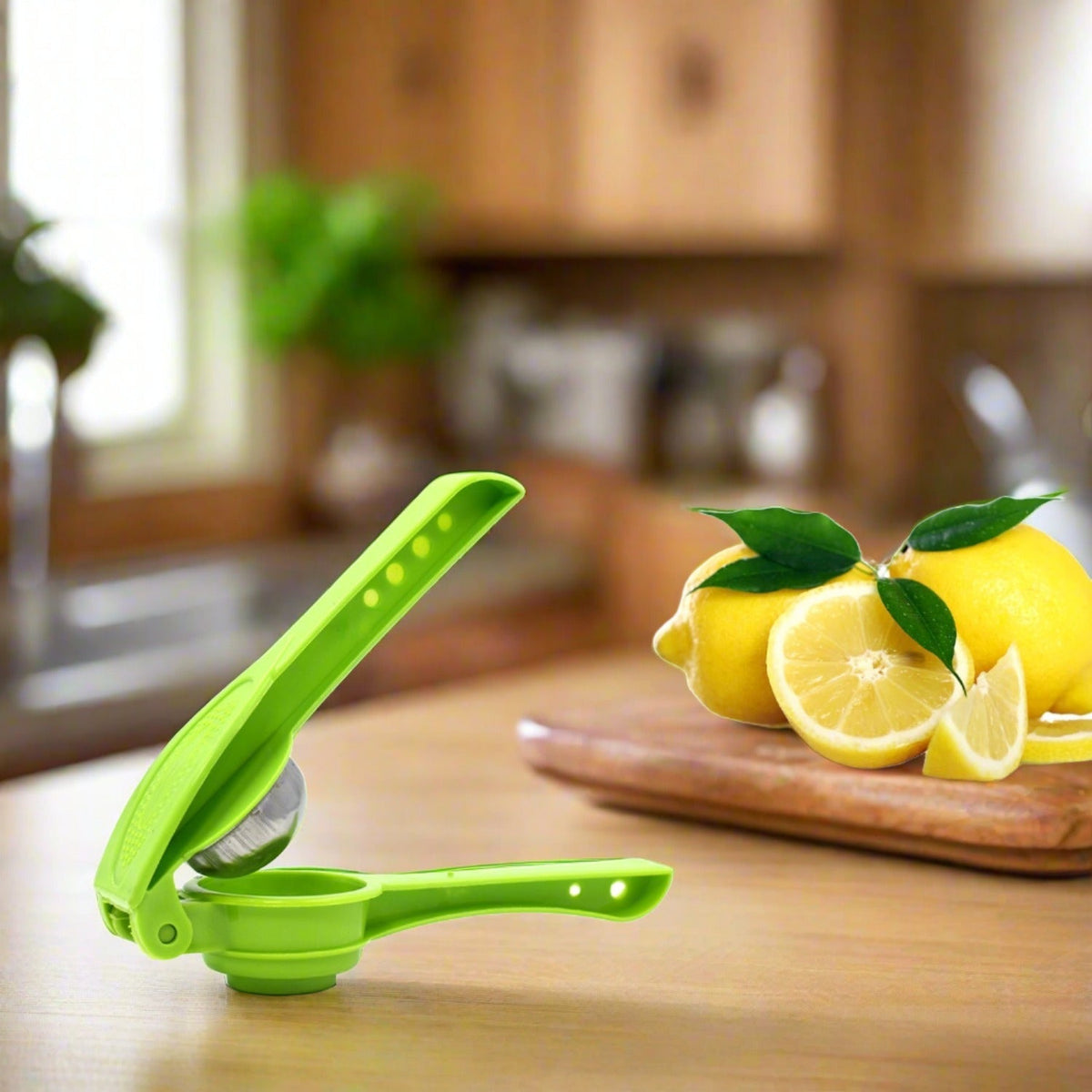 Front view of the Quickslice 2-in-1 lemon squeezer and bottle opener, ready for use. Main image