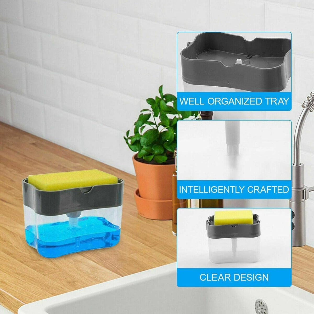 Konvex 2-in-1 Soap Dispenser with built-in scrub holder on a kitchen counter. Main image