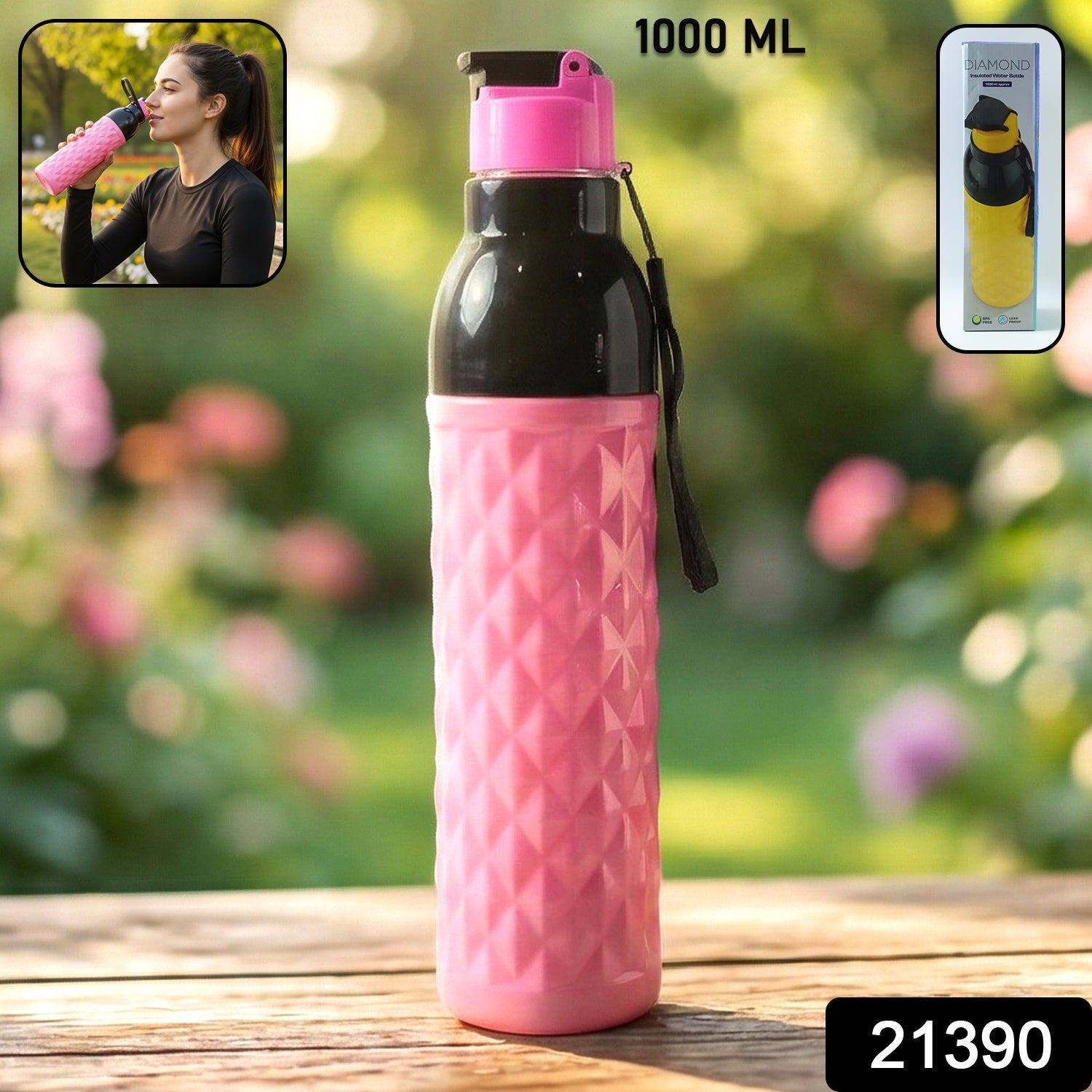 1000ML Leakproof Diamond Pattern Water Bottle – Stylish Grip Secondary image