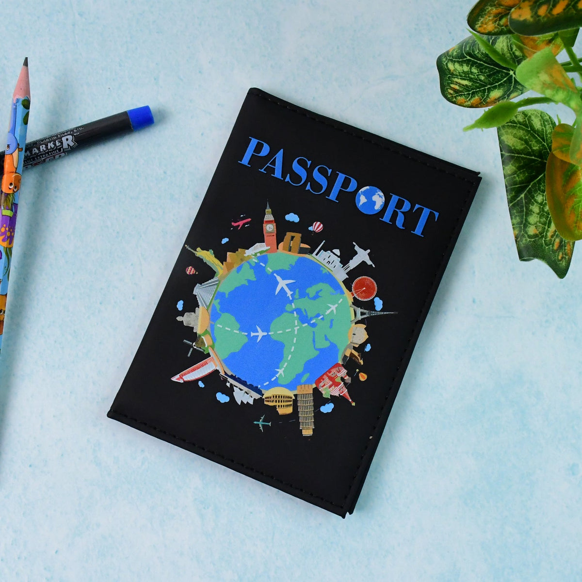 World Map Passport Holder Cover with vibrant global landmarks print Main image