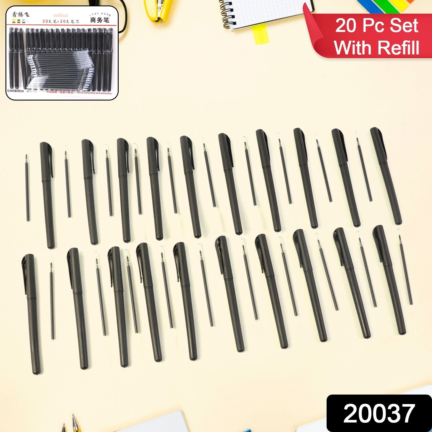 Refillable Black Marker Pen Set with 20 Pens & Extra Ink Secondary image