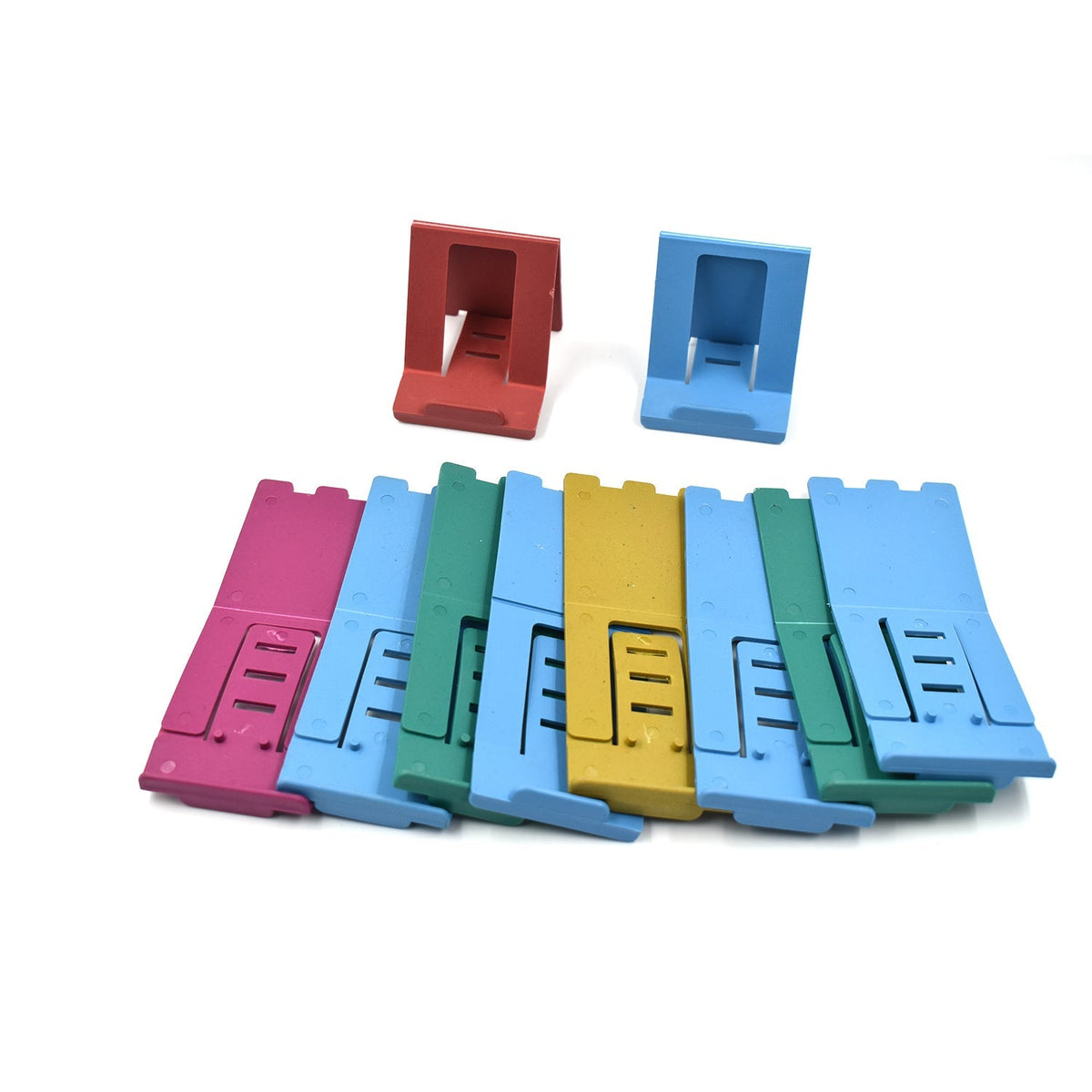 Black adjustable phone stand holding a smartphone for hands-free viewing. Main image
