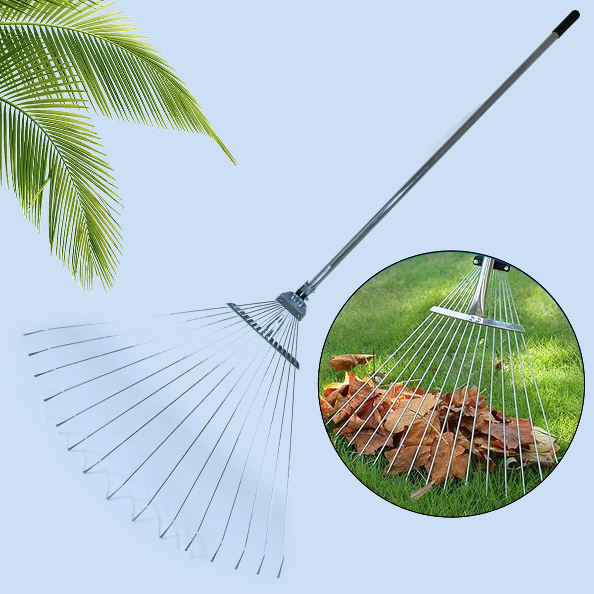 Full view of the adjustable stainless steel garden rake with its telescopic handle. Main image