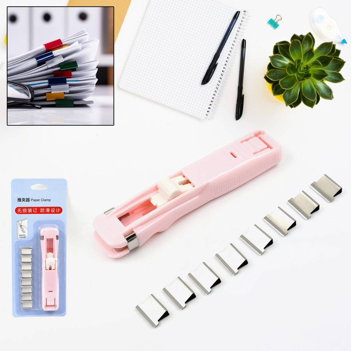 Papezo Paper Clamp Dispenser with eight reusable clips on a white background. Main image