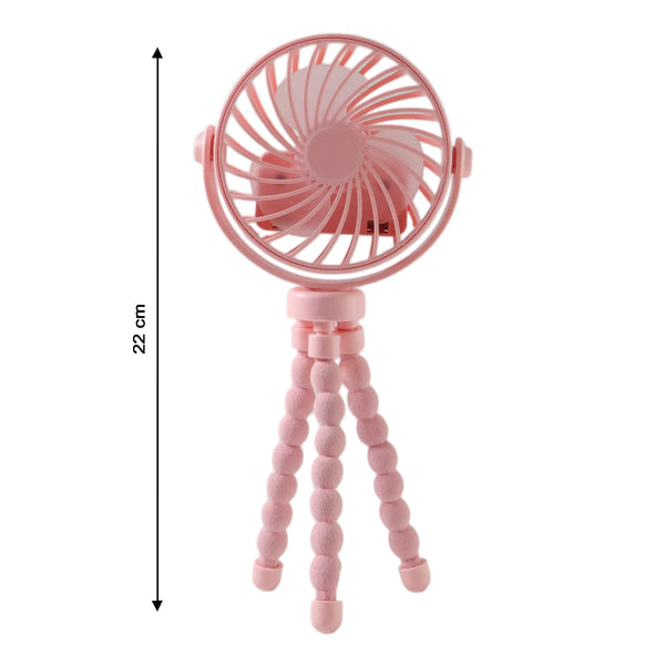 Portable fan mounted on flexible tripod stand in use outdoors