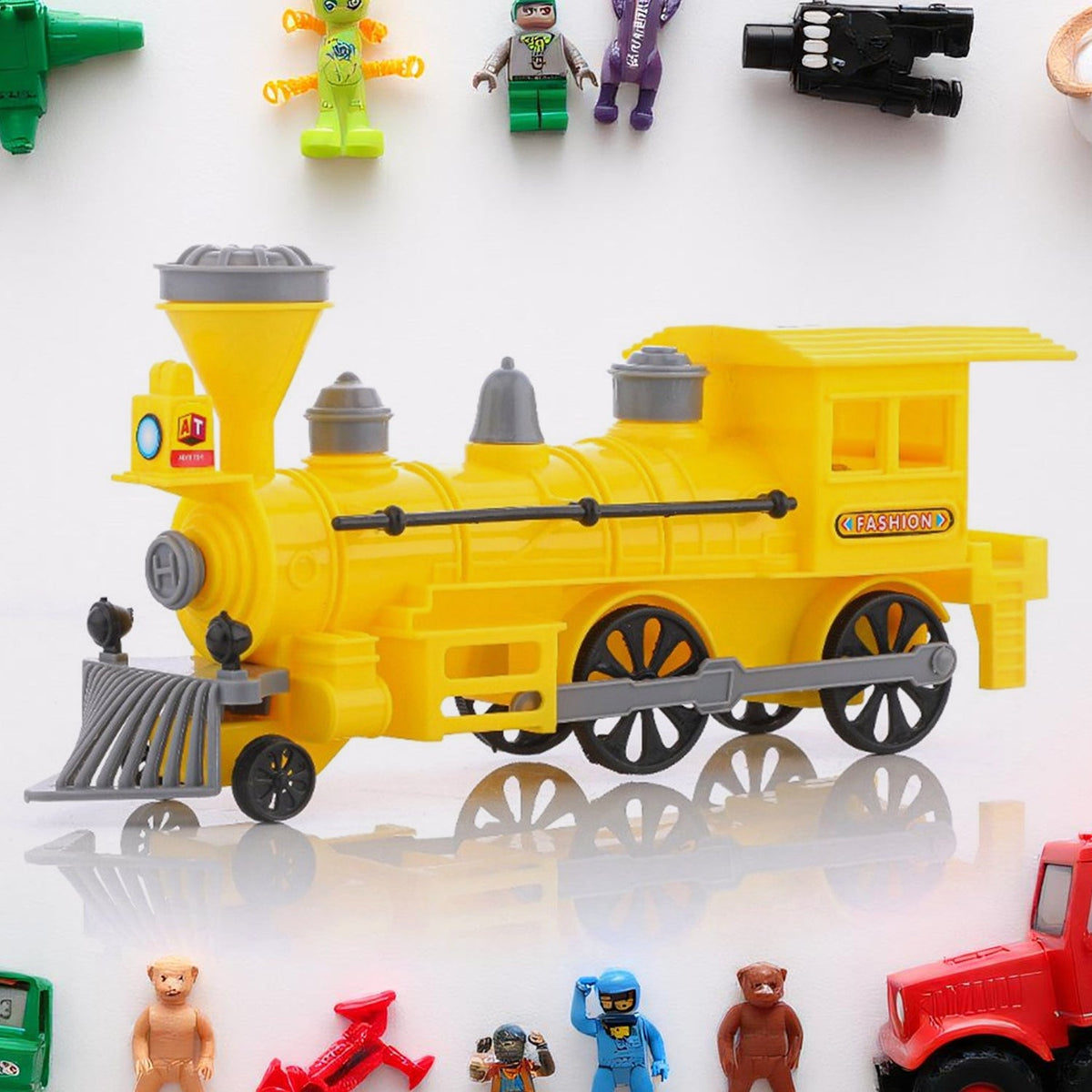 Vibrant Pull Back Train Toy with LED lights illuminated, side view. Main image