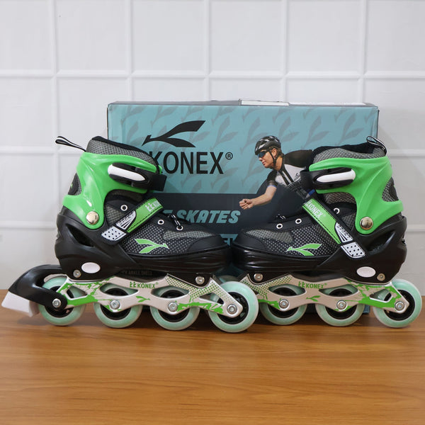 Adjustable inline skates on pavement demonstrating smooth ride quality