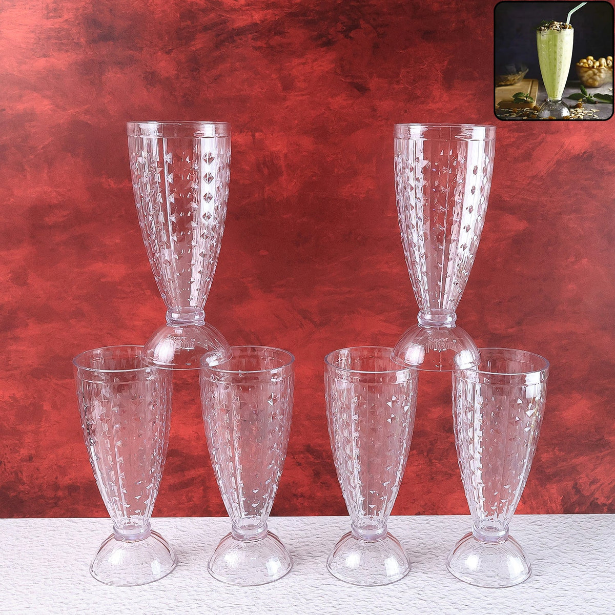 Front view of Supermom transparent plastic milkshake glass set with 6 tumblers Main image