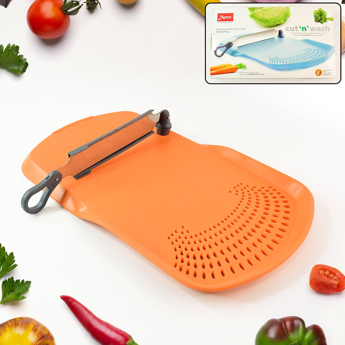 Cut 'n' Wash multipurpose cutting board with integrated strainer and stainless steel knife in kitchen Main image