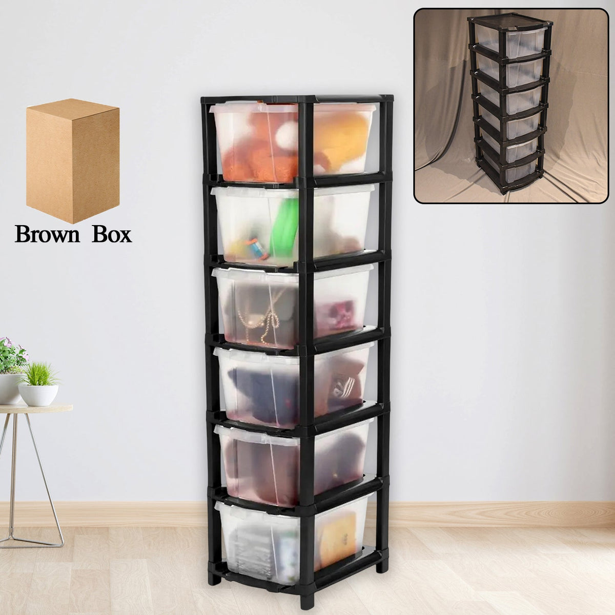 Front view of 6-layer modular plastic drawer storage cabinet showing transparent drawers Main image