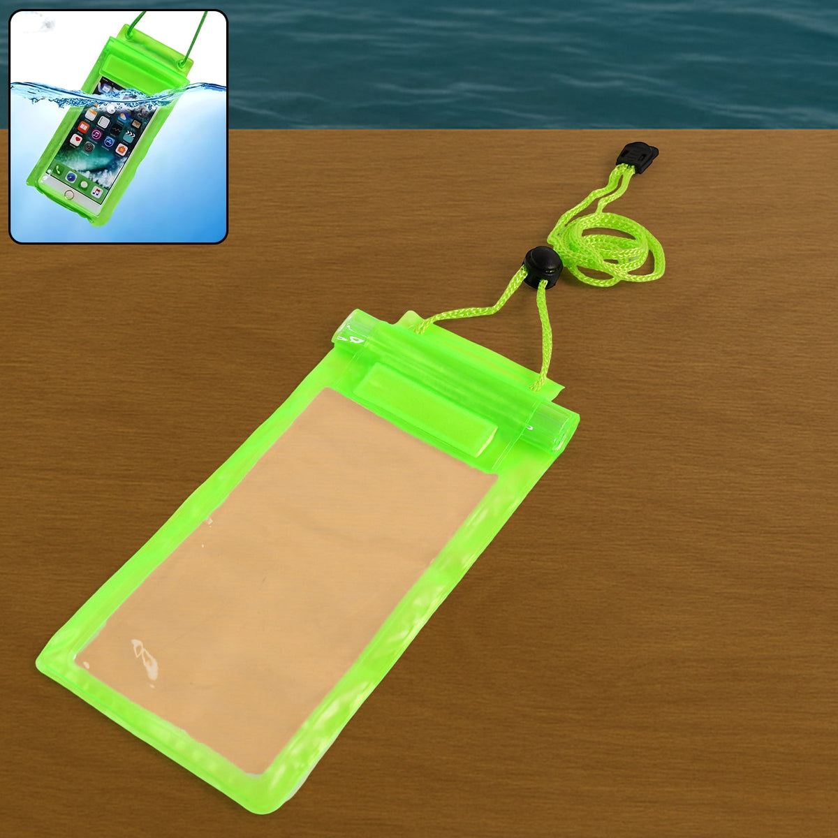 A bright green waterproof mobile pouch with a clear front is displayed on a wooden surface, with a small inset showing a Main image
