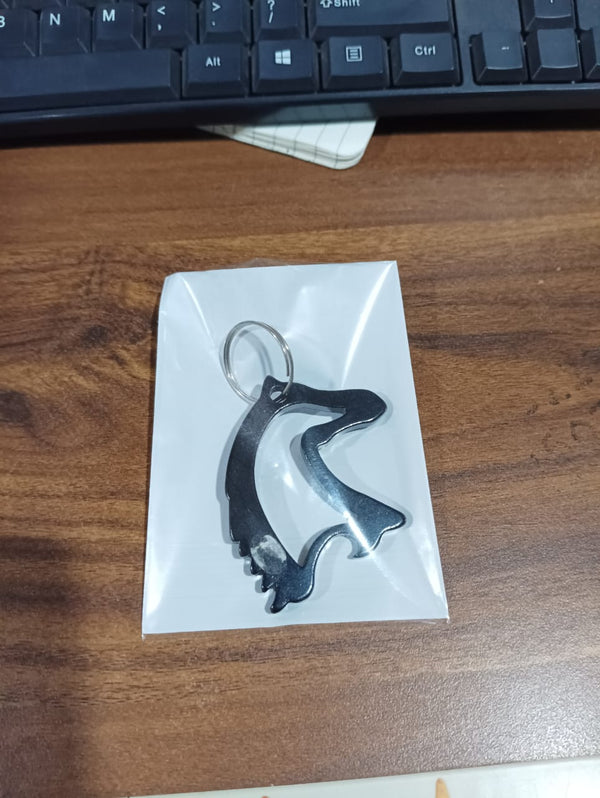 Angled view of metal horse face keychain accessory